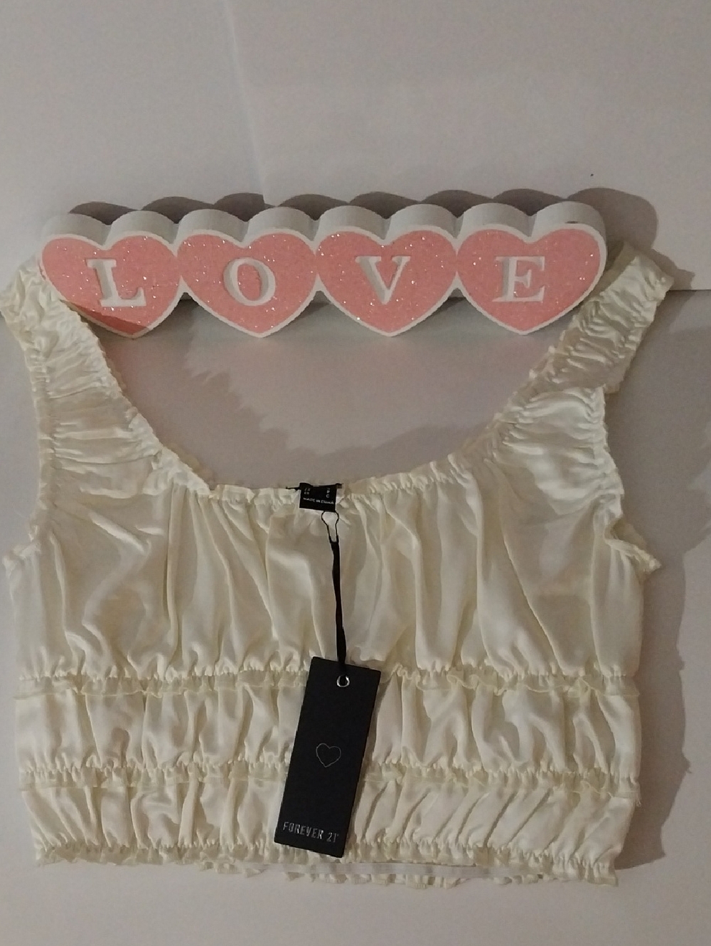 Forever 21 Cream Satin Ruffle Elastic Crop Top